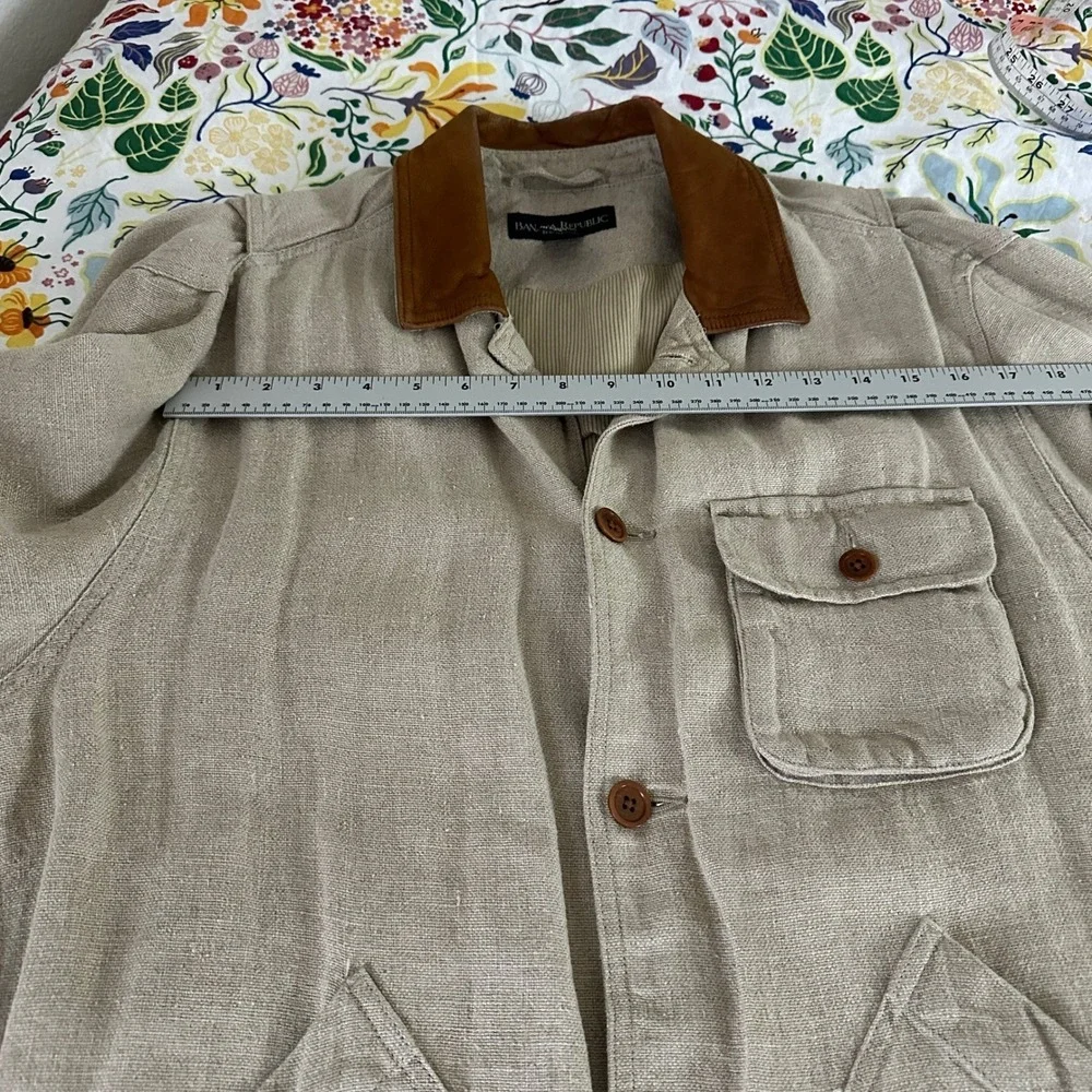Vtg Banana Republic Safari‎ Jacket Mens XS Beige Linen Leather Collar Field Coat